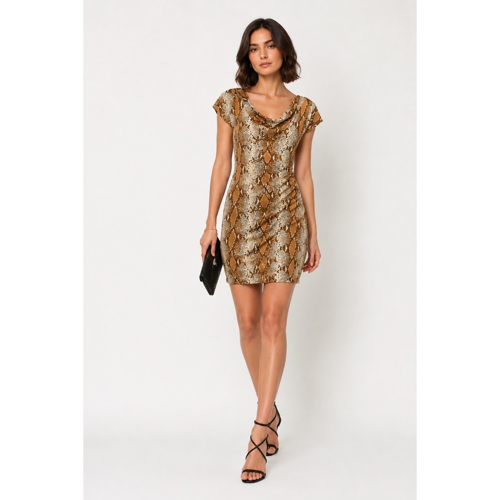 Diane von Furstenberg Silk Snakeskin Cowl Neck Ruched Sheath Dress Tan Brown 6